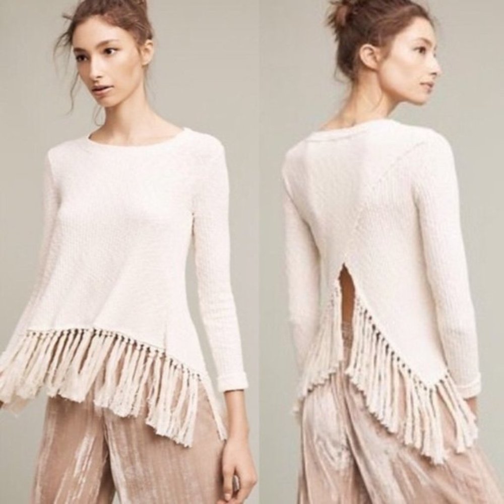 Anthropologie Eri + Ali Malla Fringe Sweater Cream SIZE SMALL